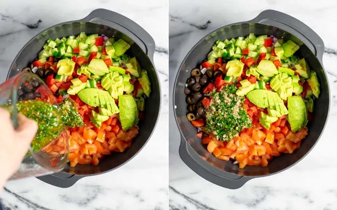 Showing side by side how the salad dressing is poured over the ingredients.