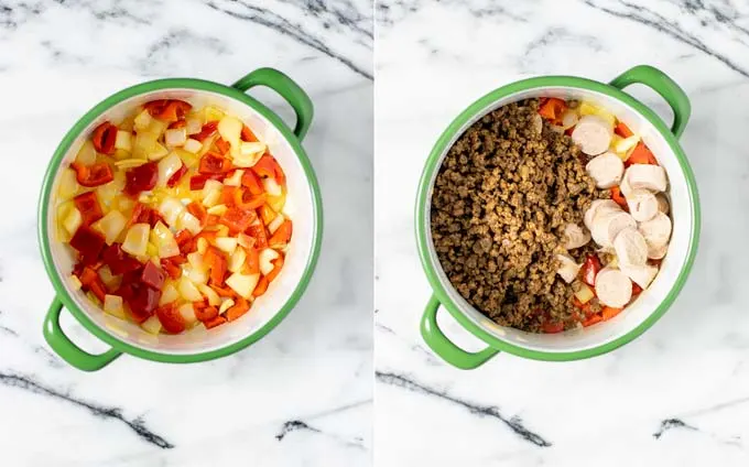 Side by side view of how onions and bell pepper, then vegan ground beef and sausages are fried in a large pot.