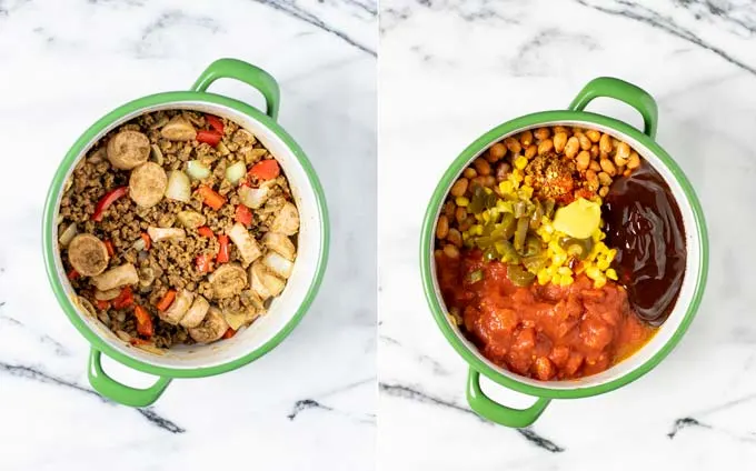 Side by side view showing how beans and crushed tomatoes are added to the pot.