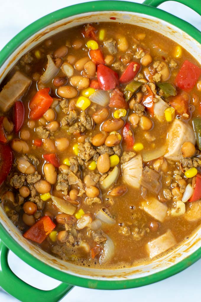 Top view on a large pot with the Cowboy Stew.