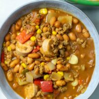 Top view on a plate full of Cowboy Stew.