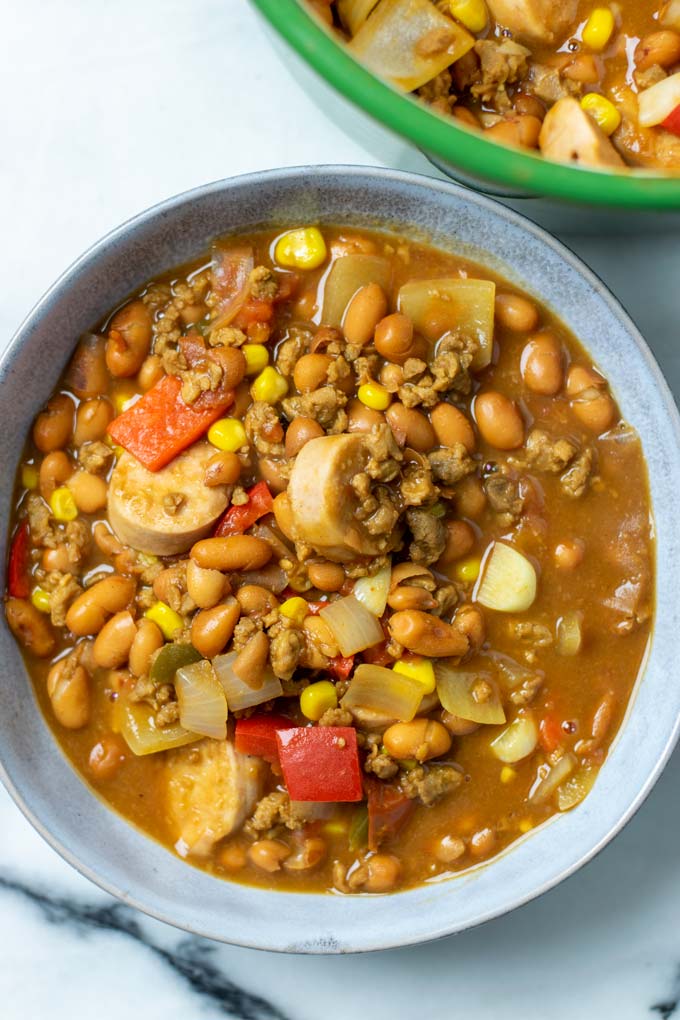 Top view on a plate full of Cowboy Stew.