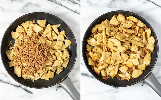 Before and after view of how vegan chicken and bacon are fried in a pan.