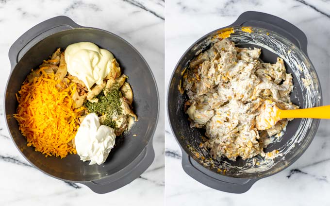 Side by side view showing a large mixing bowl with the ingredients for this recipe, before and after mixing them together.