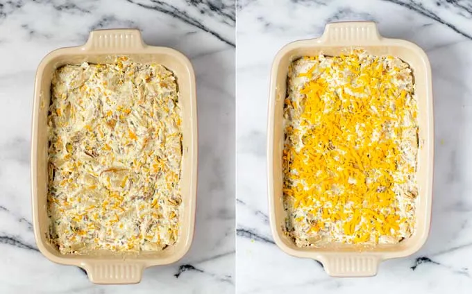 Side by side view of a casserole dish, filled with the Crack Chicken mixture and then sprinkled with extra vegan cheese.