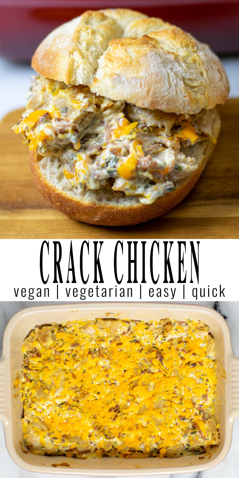 Collage of two pictures of the Crack Chicken with recipe title text.