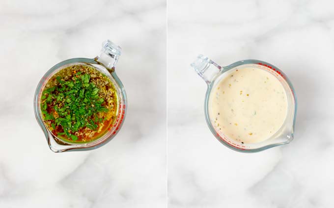 Before and after view of preparing the creamy Pasta Salad Dressing.