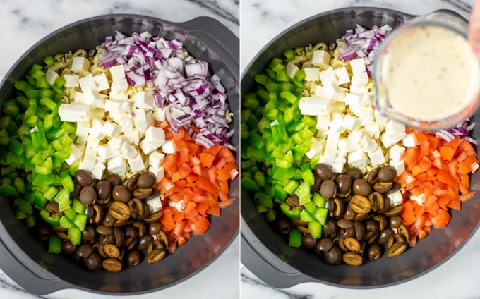 Side by side view of a large mixing bowl with the salad ingredients and a hand holding a jar with the dressing over it.