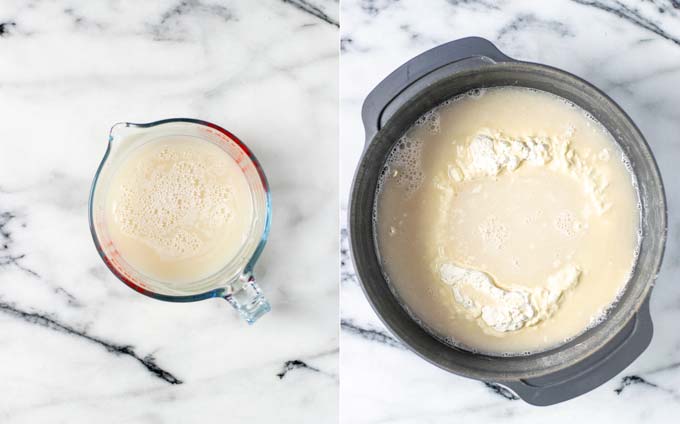 Showing how the yeast is first activated and given to the flour in a big bowl.