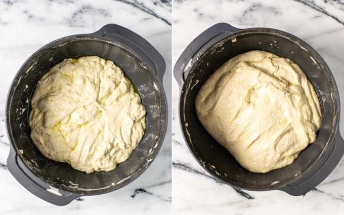 Side by side views of the the dough in a mixing bowl before and after the stretch and fold steps.