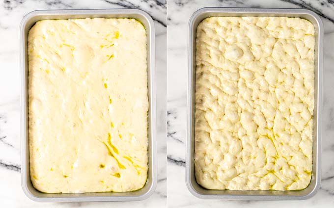 Showing the Focaccia dough in a baking pan, before and after making dimples.