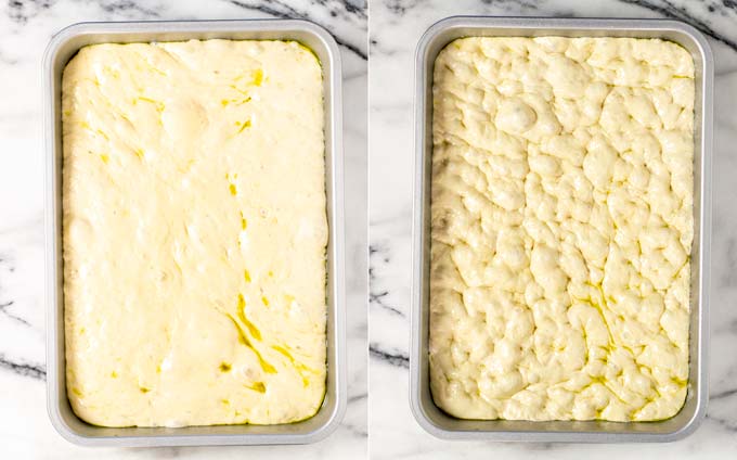 Showing the Focaccia dough in a baking pan, before and after making dimples. 