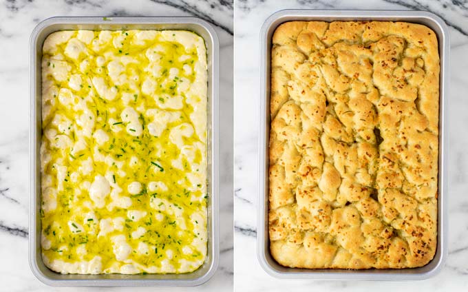Focaccia before and after baking.