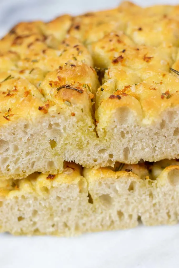 View on Focaccia bread cut open.