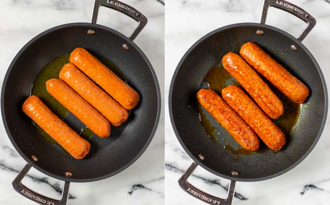 Side by side view of vegan sausages being pre-fried in a pan.