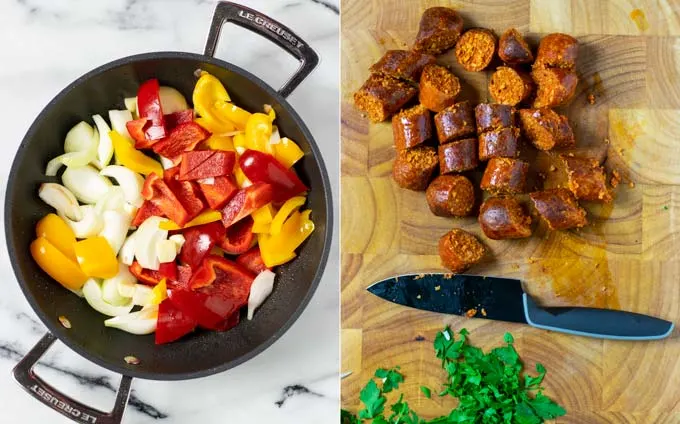 Side by side view of coarsely chopped peppers and onions given in the pan and sausages being cut on a board.