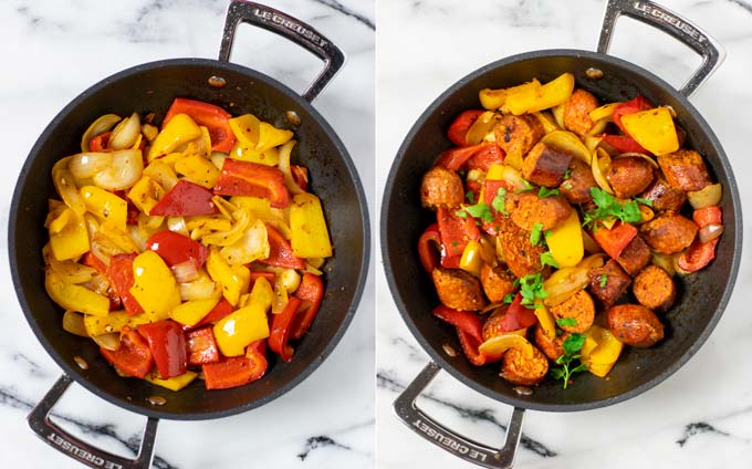 Side by side view of the fried peppers and onions, with vegan sausage given in, garnished with fresh parsley.