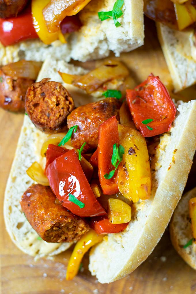 A sandwich with the Sausage and Peppers.