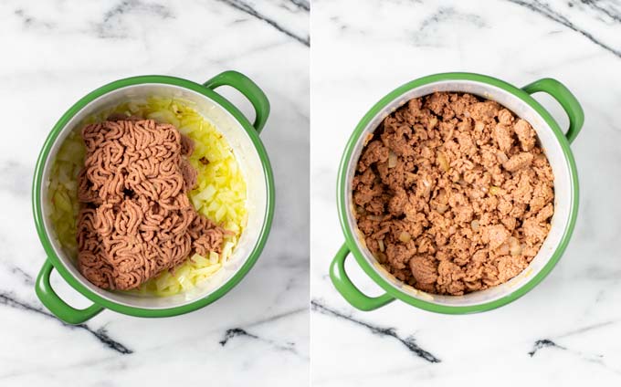 Side by side view of a pot in which the vegan ground beef is fried with onions.