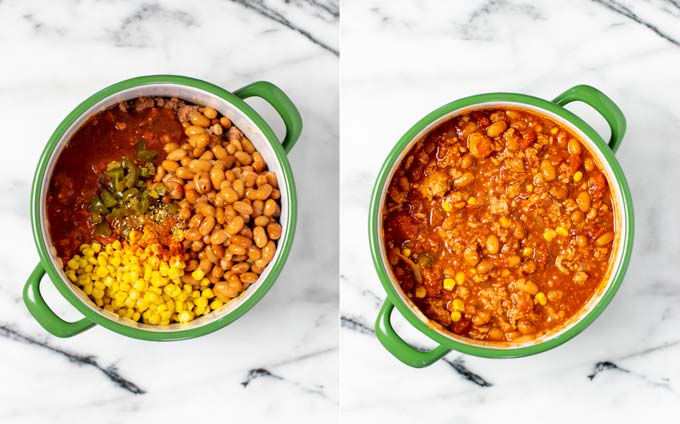 Side by side view of a large pot, in which beans, salsa, tomatoes, jalapeños, and corn are mixed with the fried ground beef.