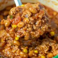 Closeup of a large serving spoon of the Taco Soup.