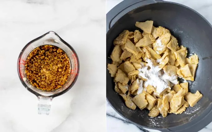 Side by side view of a fry sauce in a small glass jar and vegan chicken with starch in a large mixing bowl.