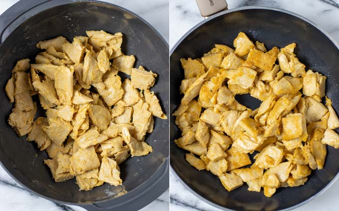 Side by side view showing the vegan chicken being mixed with starch and then transferred to a pan.