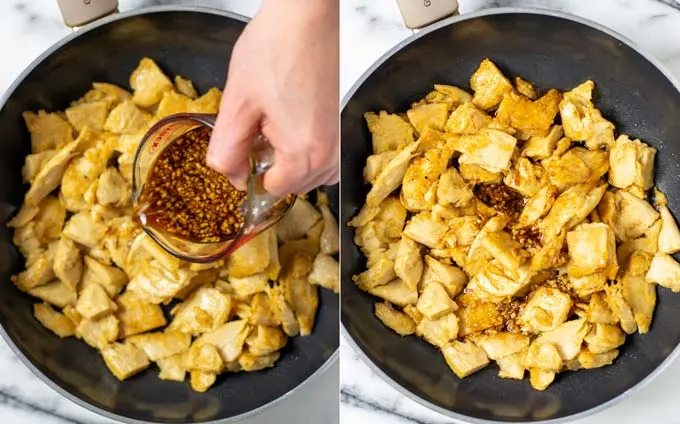 Side by side view showing the fry sauce being given over the the chicken in the pan.