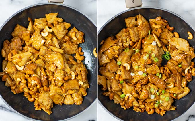 Side by side view of the Cashew Chicken in the pan, sprinkled with green onions.