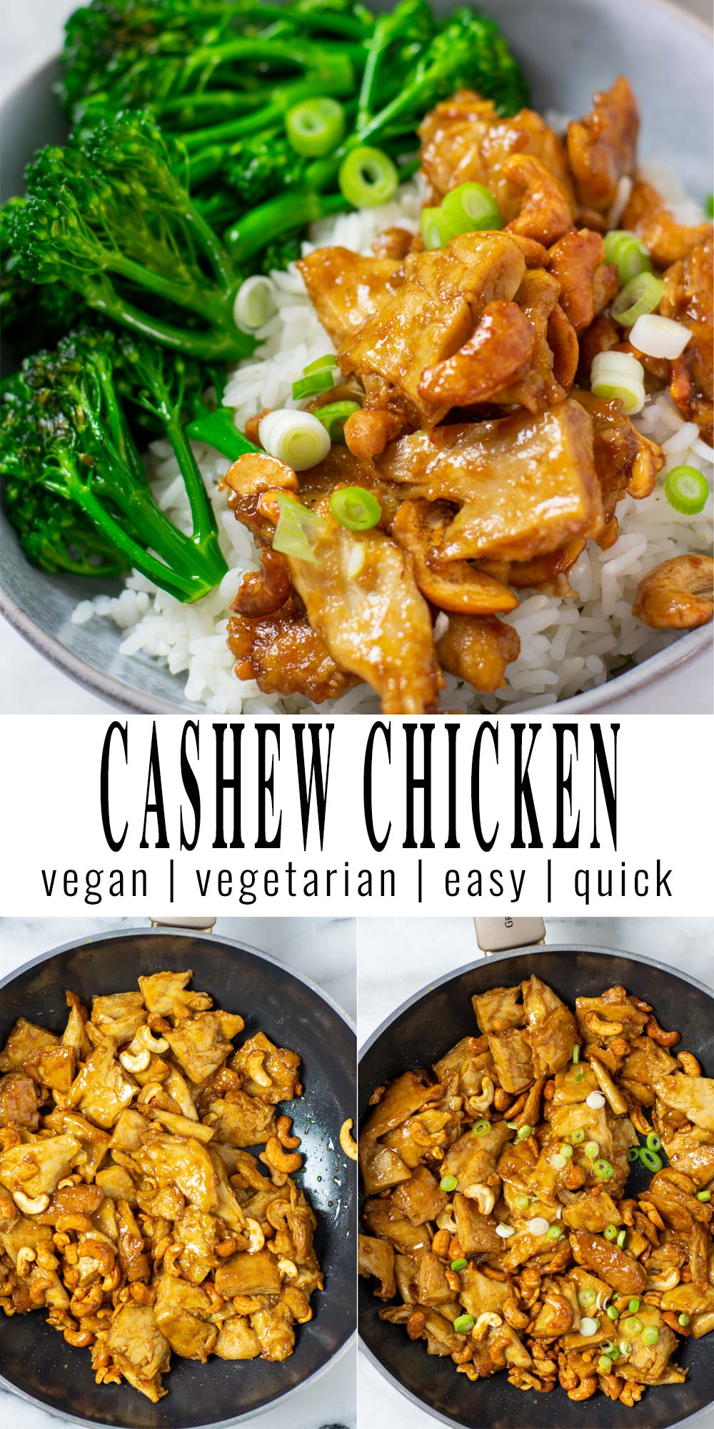 Collage of two pictures of the Cashew Chicken with recipe title text.
