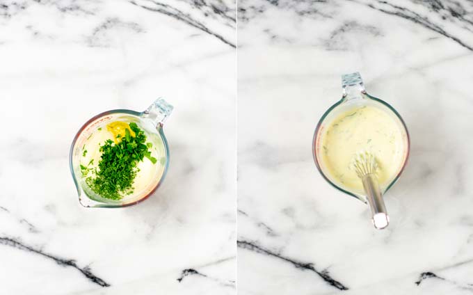 Side by side view of a small glass jar in which the dressing is being made.