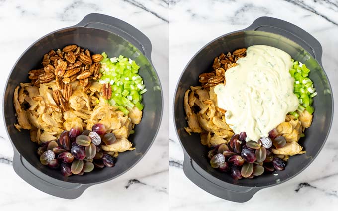 Side by side view of a large mixing bowl with the salad ingredients with and without the dressing.