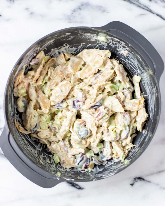 Top view of the Chicken Salad in a large mixing bowl.