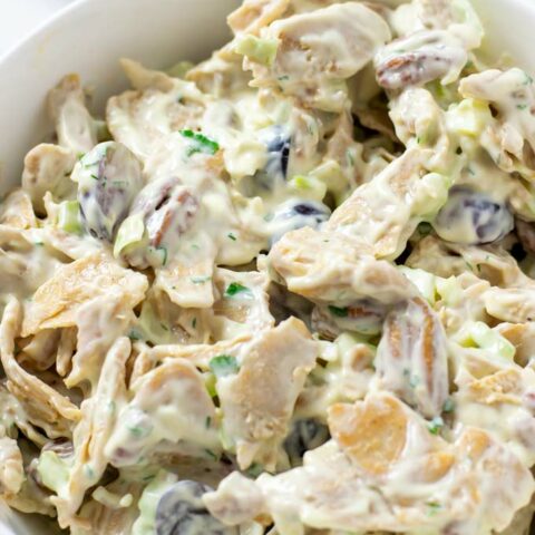 Vegan Chicken Salad in a white serving bowl.