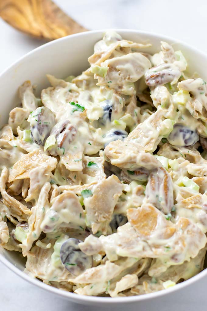 Vegan Chicken Salad in a white serving bowl.