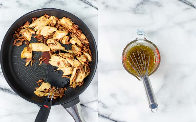 Side by side view of a pan in which vegan chicken and bacon have been fried (left) and a small glass jar with the Cobb Salad Dressing (right).