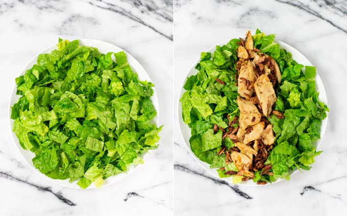 Side by side view of the first steps of assembling the salad on a white plate: starting with a layer of lettuce, topped by fried chicken and bacon bites.