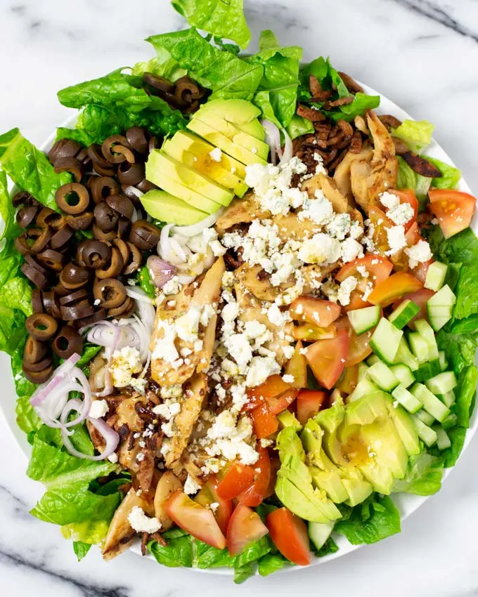 Closeup on the vegan blue cheese topping the dish.