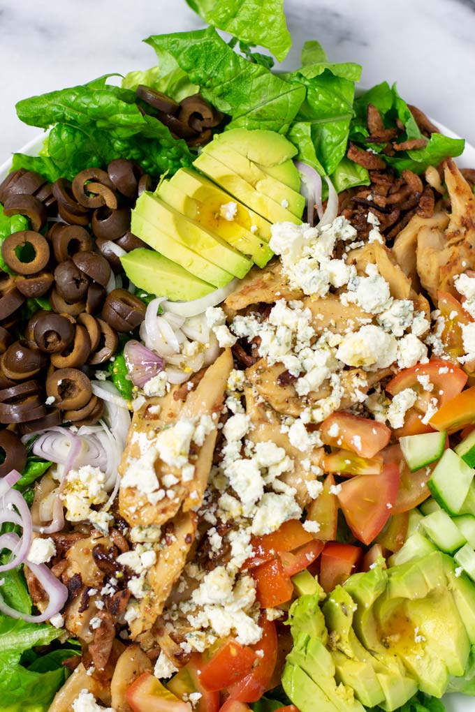 A large portion of the Cobb Salad, showing all the ingredients at once.