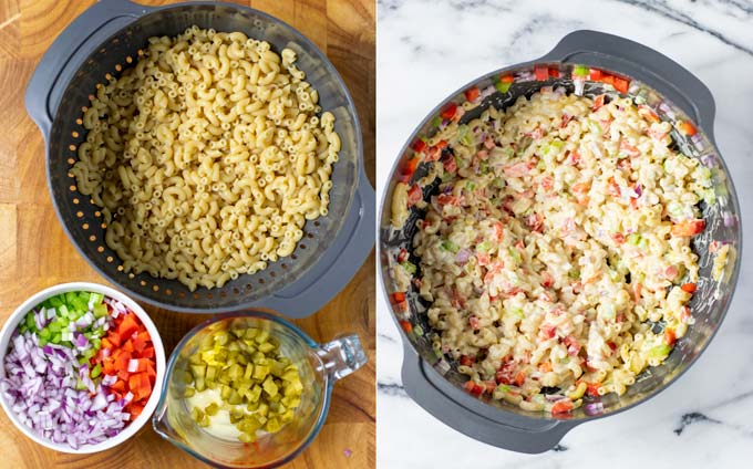 Side by side view of the ingredients for the macaroni salad and the finished salad in a large bowl.