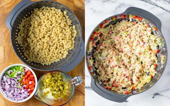 Side by side view of the ingredients for the macaroni salad and the finished salad in a large bowl.