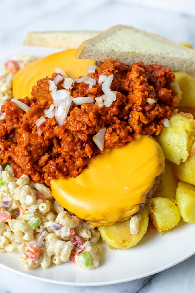 Closeup view of the Garbage Plate. 