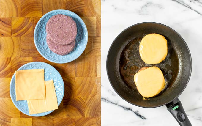 Cheeseburgers are prepared in a small frying pan.