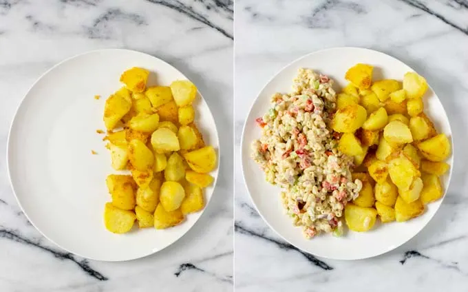 Showing step by step filling of the Garbage Plate, starting with homemade fries and macaroni salad.