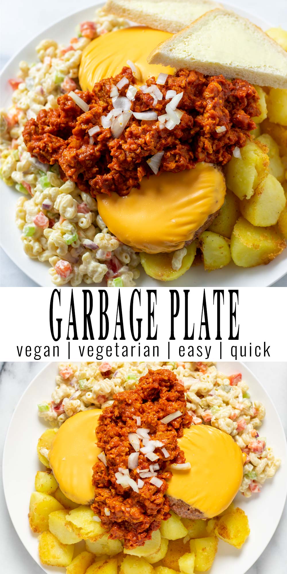 Collage of two pictures of the Garbage Plate with recipe title text.