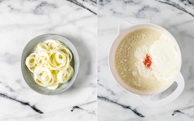 Side by side view. Left: a bowl with floured onion rings. Right: a large mixing bowl with the ingredients for the batter.