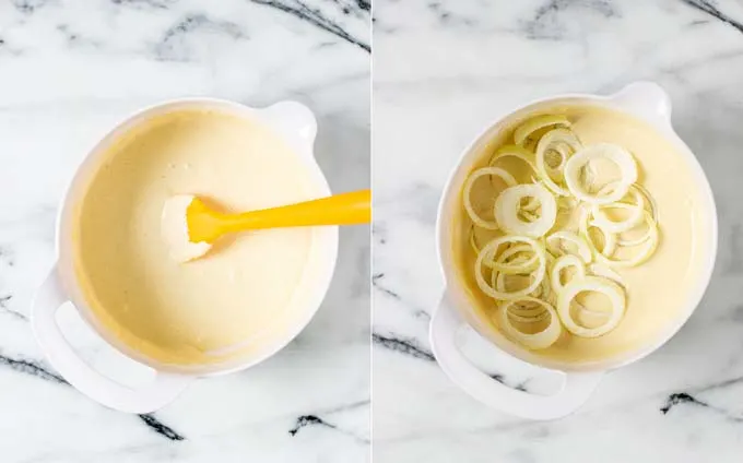 Side by side view of the bowl with the finished batter and how onion rings are given into it.