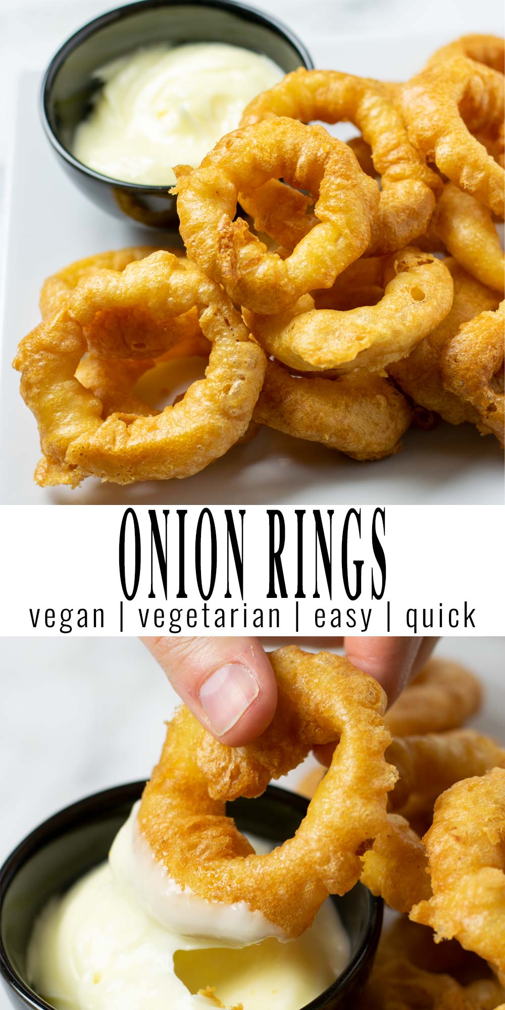 Collage of two pictures of the Onion Rings with recipe title text.
