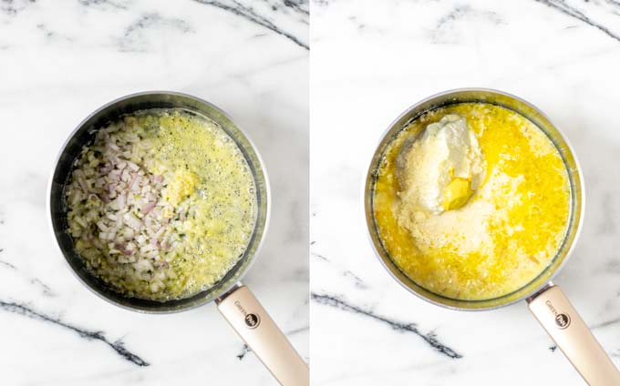 Side by side view of a pot, in which first shallots are sautéed in vegan butter (left) and then other sauce ingredients are added (right).