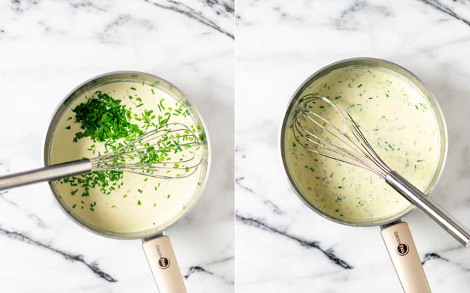 Before and after view of a saucepan with fresh herbs being added to the sauce.
